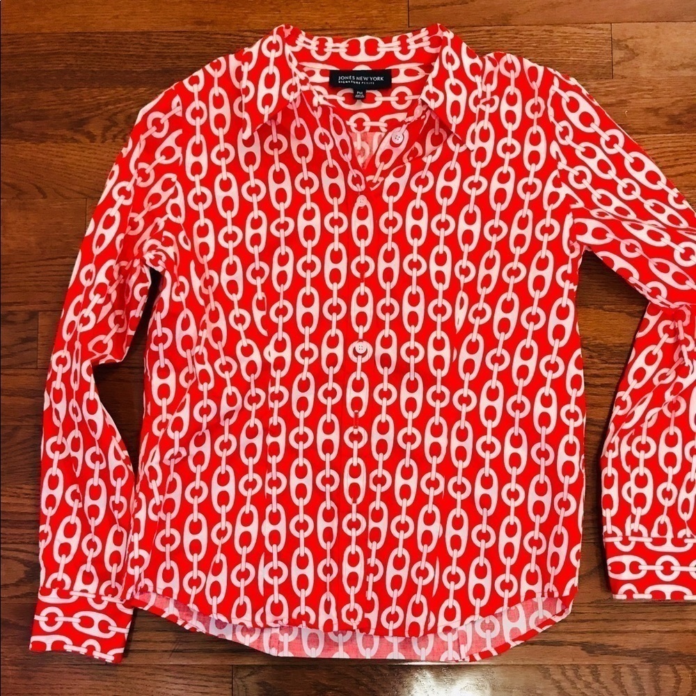 JONES  NEW YORK CHAIN LINK RED BLOUSE SIZE PM